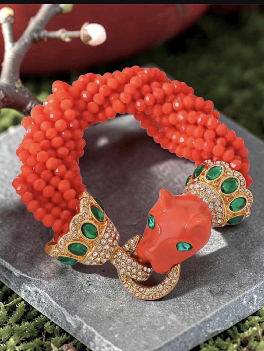 Fabulous Chunky Enamel Emerald Crystal Panther Torsade Bracelet